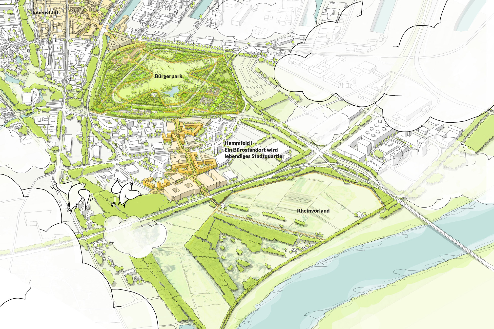 Der Entwurf zum Stadtteil Hammfeld I zeigt ein an die Durchführung der Landesgartenschau im Jahr 2026 geknüpftes und angepasstes strategisches Entwicklungskonzept, welches die Entwicklung des Hammfelds I von einem Gewerbe- und Dienstleistungsstandort hin zu einem mischgenutzten Wohn- und Gewerbequartier vorsieht. Auf der Grafik sieht man das Ensemble neuer Bürgerpark, Hammfeld und Rheinvorland. | © FRL Der Entwurf zum Stadtteil Hammfeld I zeigt ein an die Durchführung der Landesgartenschau im Jahr 2026 geknüpftes und angepasstes strategisches Entwicklungskonzept, welches die Entwicklung des Hammfelds I von einem Gewerbe- und Dienstleistungsstandort hin zu einem mischgenutzten Wohn- und Gewerbequartier vorsieht. Auf der Grafik sieht man das Ensemble neuer Bürgerpark, Hammfeld und Rheinvorland. | © FRL