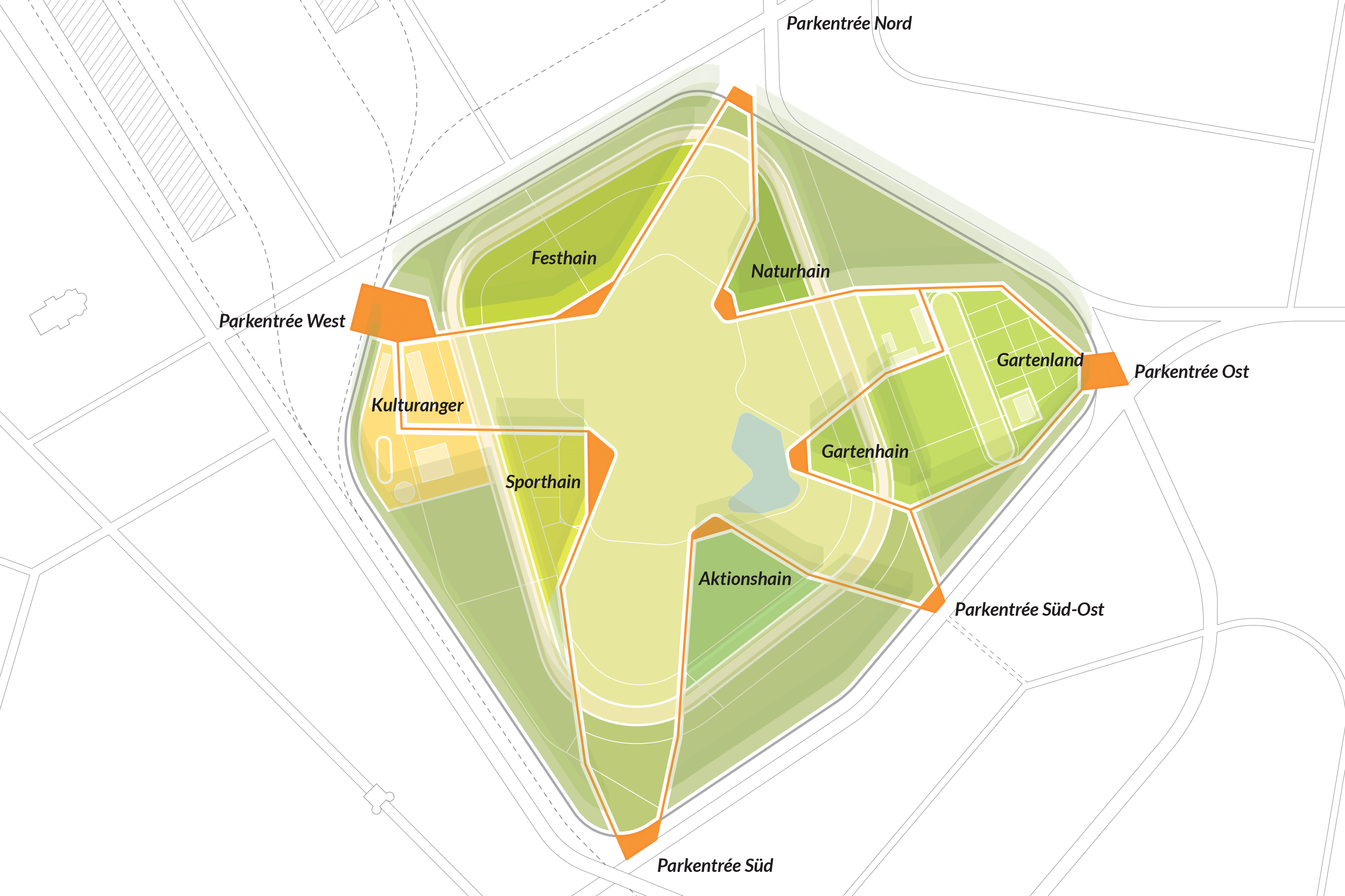 Innerhalb der robusten Grundstruktur des Parks werden verschiedene Nutzungsangebote integriert. Sie geben den Terrassen ihre Prägung – von aktiv sportlich, spielerisch bis kontemplativ entspannt und naturnah-extensiv. | © FRL Innerhalb der robusten Grundstruktur des Parks werden verschiedene Nutzungsangebote integriert. Sie geben den Terrassen ihre Prägung - von aktiv sportlich, spielerisch bis kontemplativ entspannt und naturnah-extensiv. | © FRL