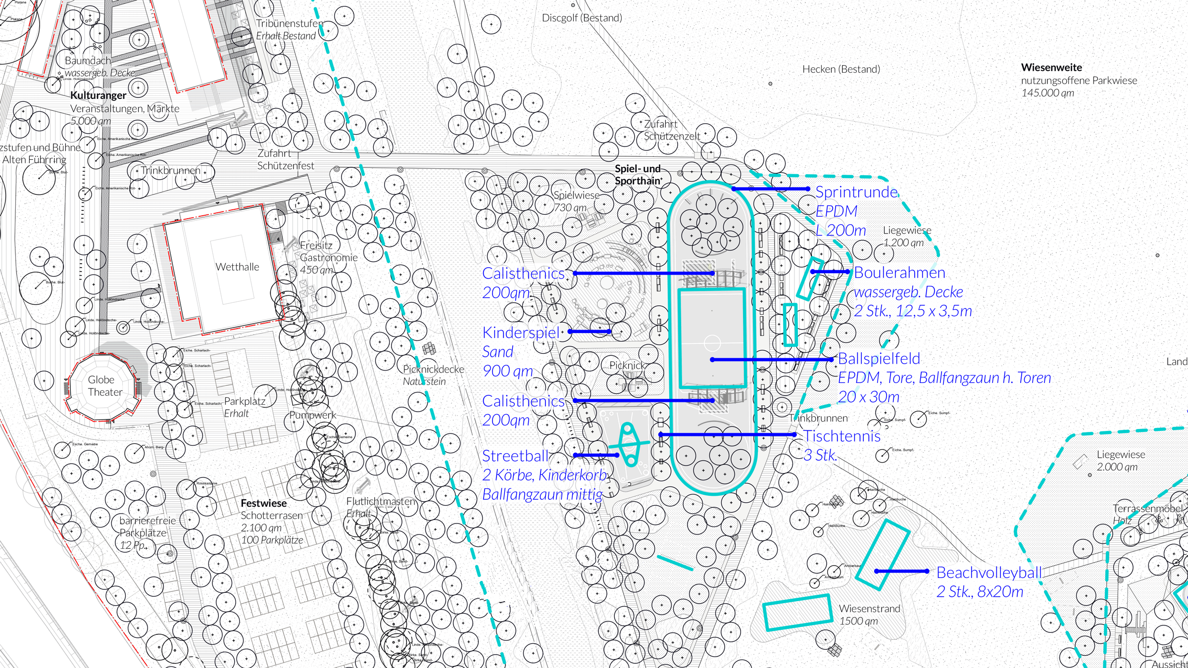 Der neue Park ist für alle da. Der Planungsausschnitt zeigt verschiedene Flächen von Calisthenics über Boulebahnen bis zum Beachvolleyballfeld. | Planung: FRL Der neue Park ist für alle da. Der Planungsausschnitt zeigt verschiedene Flächen von Calisthenics über Boulebahnen bis zum Beachvolleyballfeld. | Planung: FRL