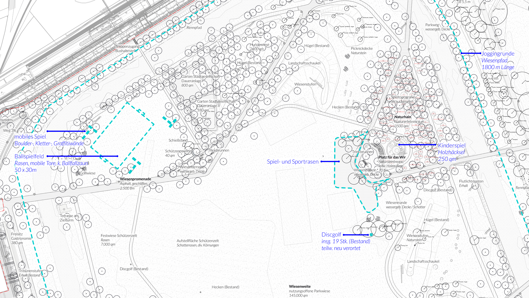 Der neue Park ist für alle da. Der Planungsausschnitt zeigt verschiedene Flächen, u.a. für Discgolf und Boulder- und Kletteraktivitäten | Planung: FRL Der neue Park ist für alle da. Der Planungsausschnitt zeigt verschiedene Flächen, u.a. für Discgolf und Boulder- und Kletteraktivitäten | Planung: FRL