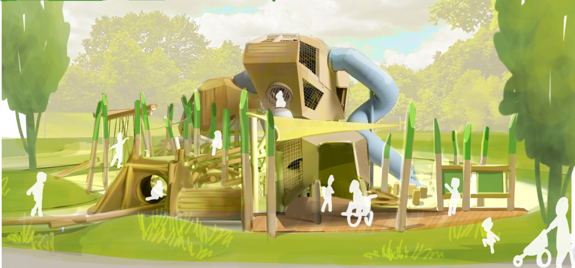 Der “Kaninchenspielplatz” wurde durch die zahlreichen Kaninchen auf dem Gelände inspiriert. Die angedachte Spielskulptur erinnert an einen Kaninchenbau mit vielen geheimen Gängen und Kammern.